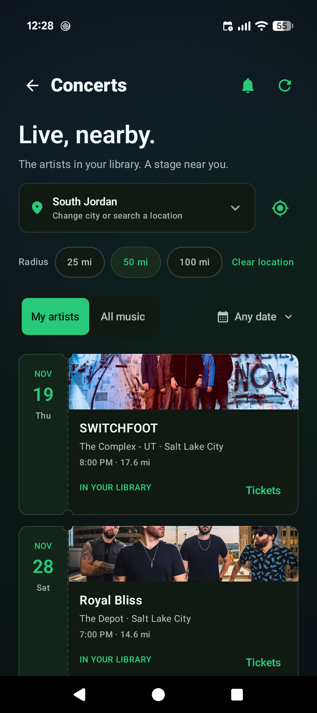 Untethered Concerts screen showing nearby shows from artists in the library.