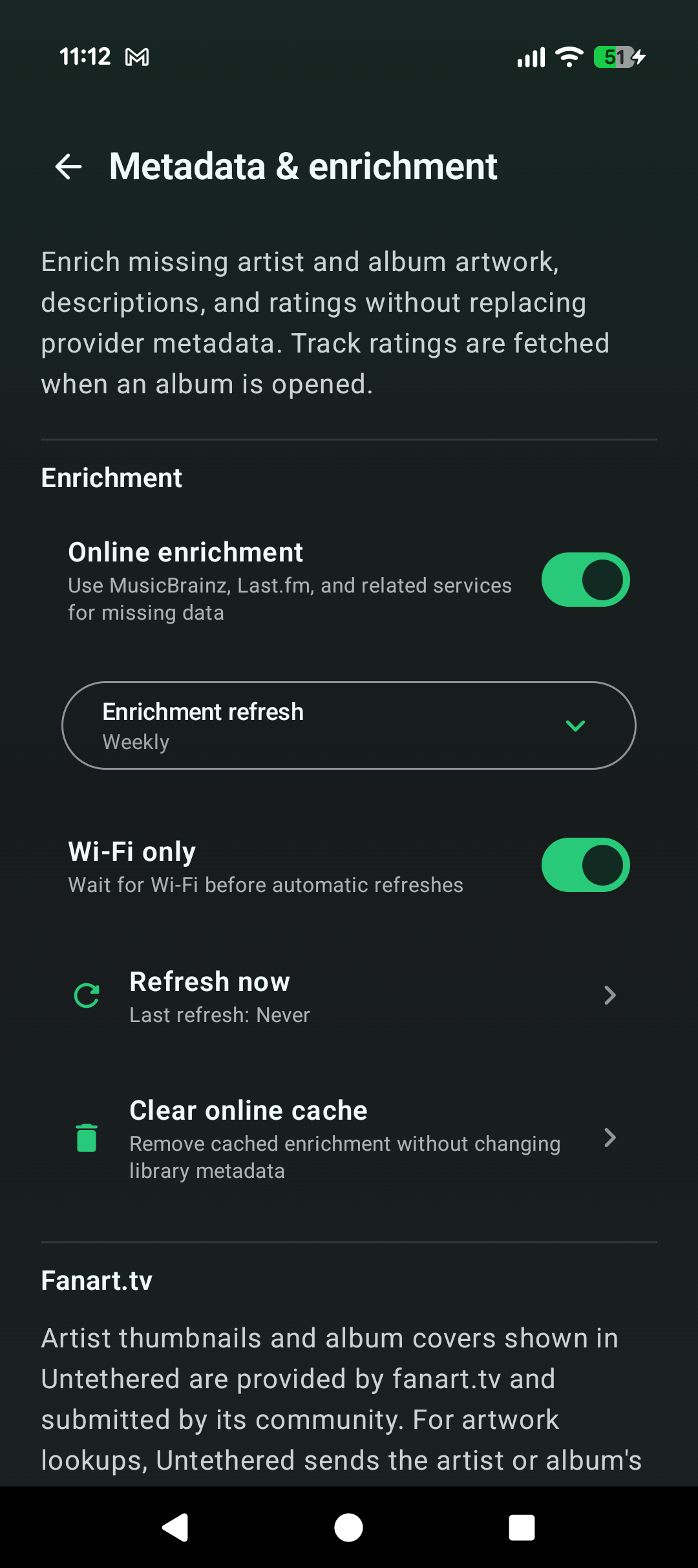 Untethered Metadata and enrichment settings for missing artwork, descriptions, and ratings.