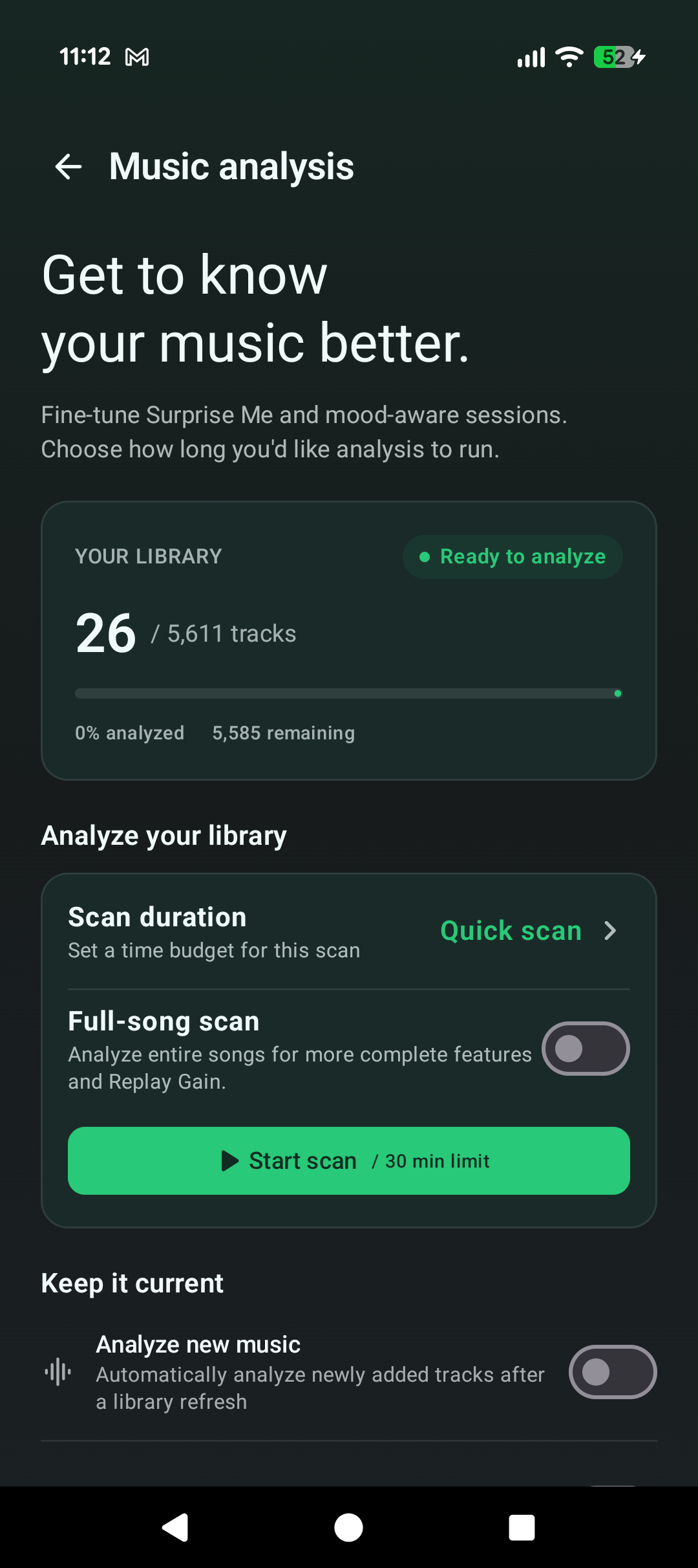 Untethered Music analysis screen with scan controls and library coverage.