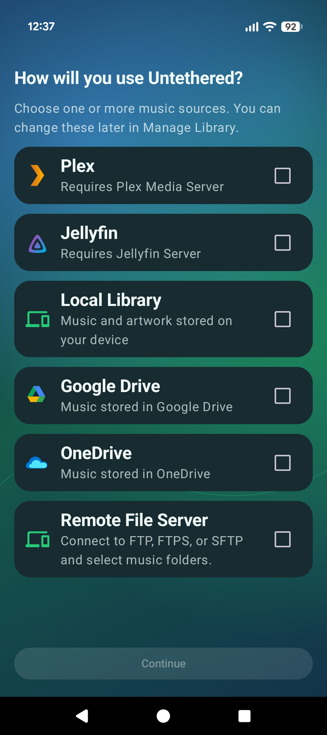 Untethered setup screen on a phone listing Plex, Jellyfin, Local Library, Google Drive, OneDrive, and Remote File Server as music sources.