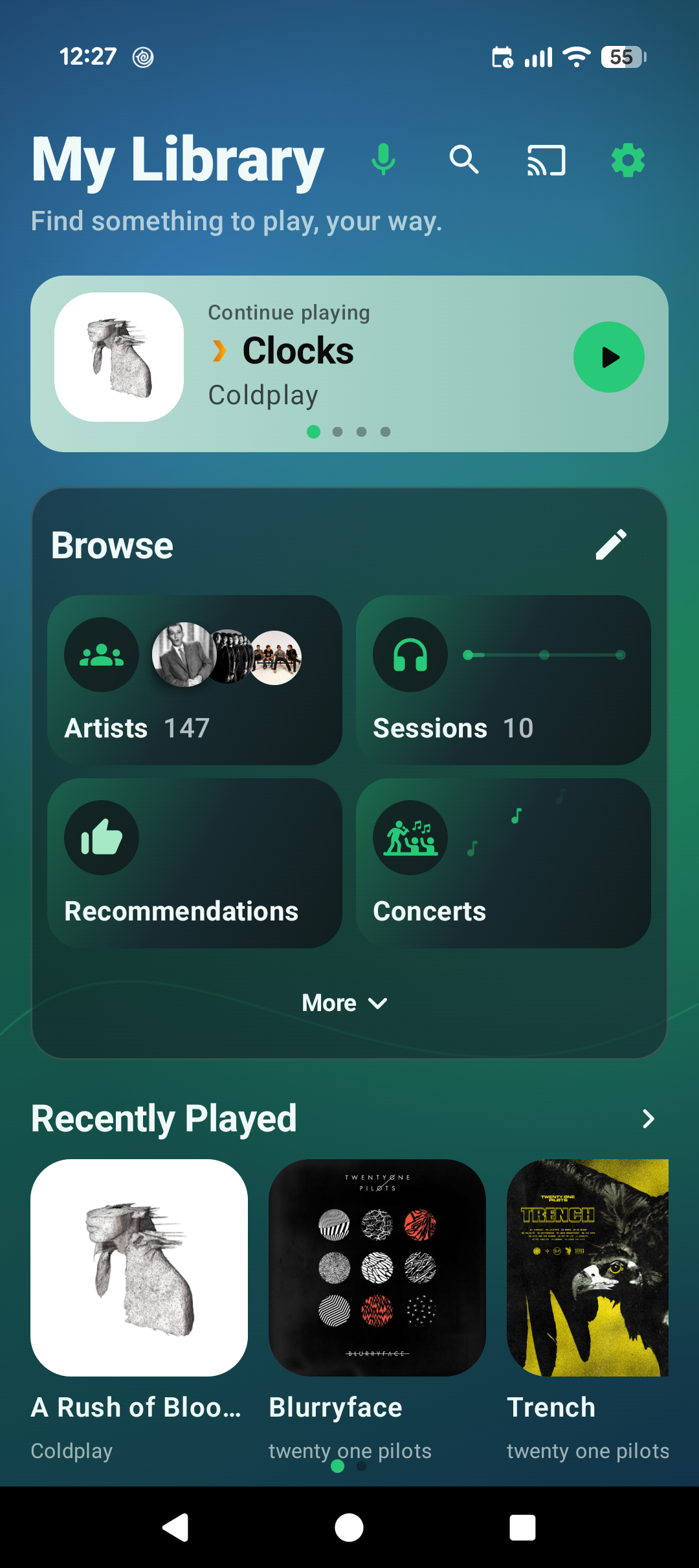 Real Untethered My Library screen with recently played albums, listening sessions, recommendations, and concerts.