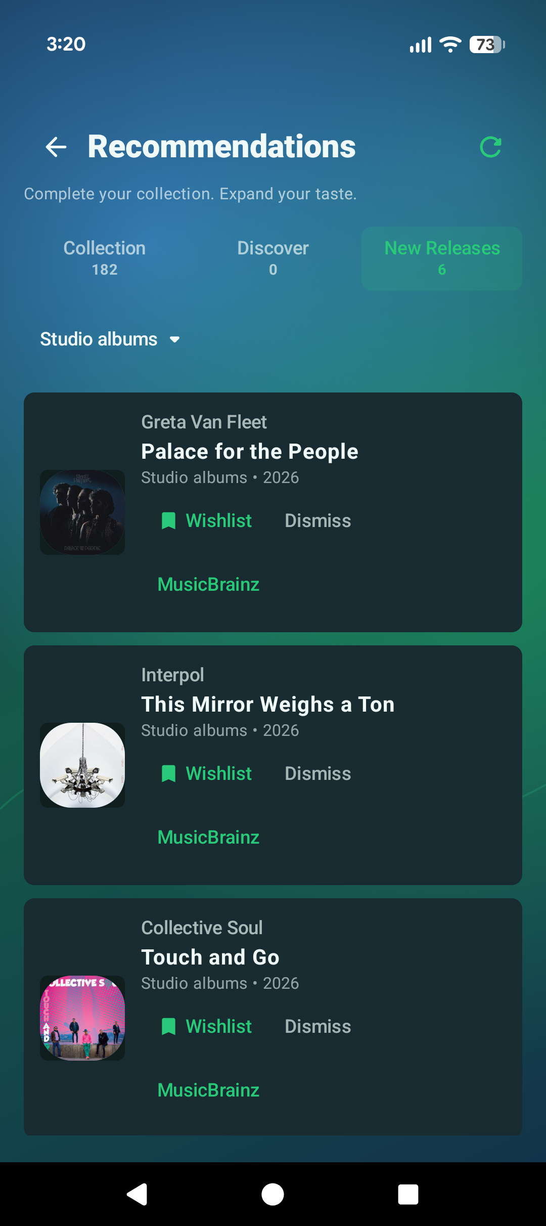 Untethered Recommendations screen showing new-release album picks and wishlist controls.