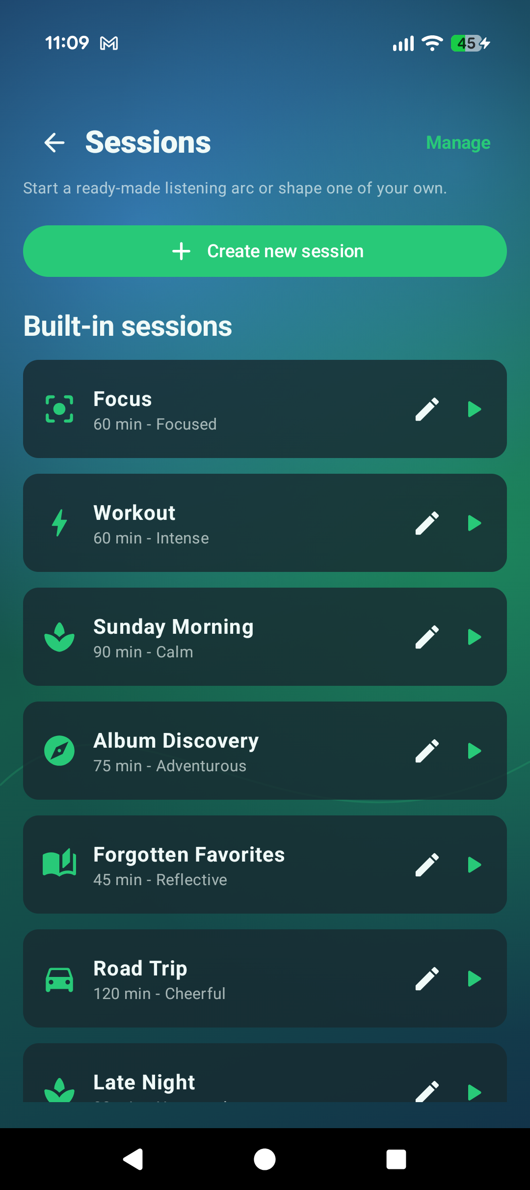 Untethered Sessions screen showing built-in listening sessions.