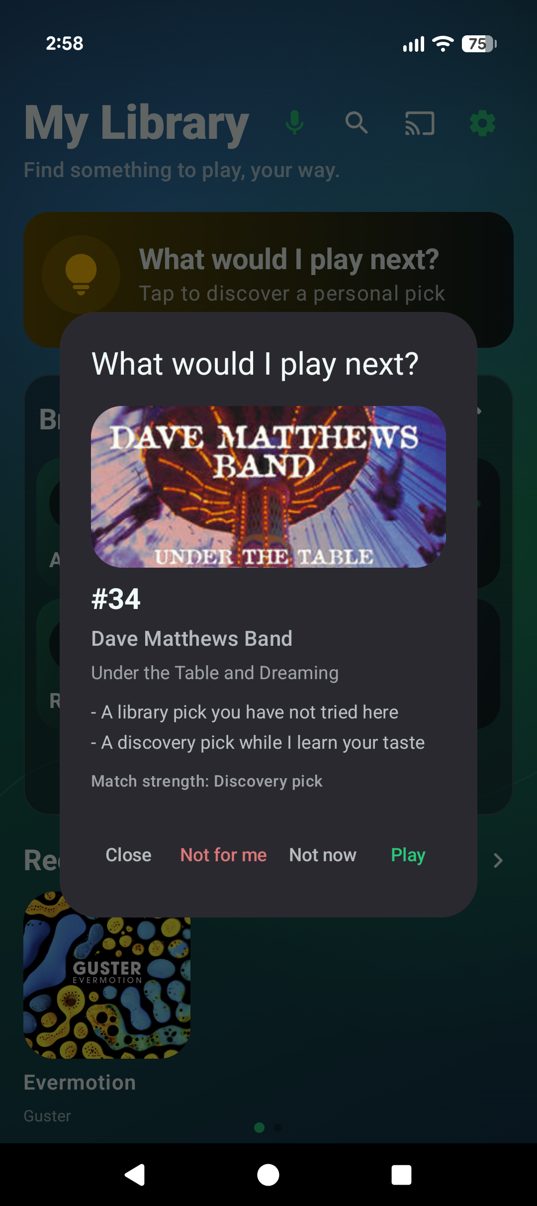 Untethered recommendation dialog showing a personal next-track pick and why it was suggested.